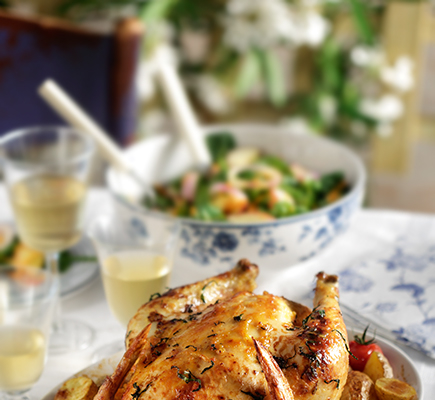 Κοτόπουλο μουσταρδάτο στο φούρνο με πατάτες και ντοματίνια